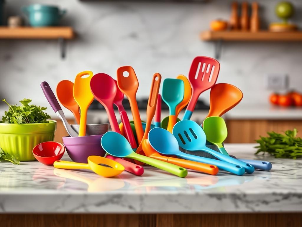 A high resolution image of a colorful silicone kitchen utensil